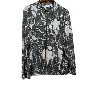 Weekends by Chicos gray and white flowers women’s jacket size 3 GUC